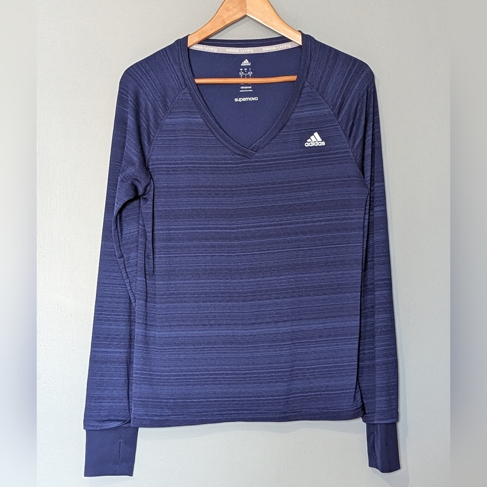 Adidas Women's Running Supernova Long Sleeve Tee Climalite V-neck Navy